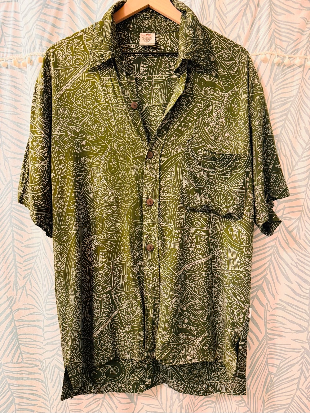 Vibrant Green Doodle-Style Aloha-type Shirt from Bali, Like New!